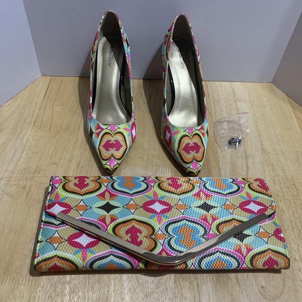 TORTA CALIENTE‎ FOXY 2 Lot handbag/shoes Colorful  Pointed Heels Womens Sz 11M